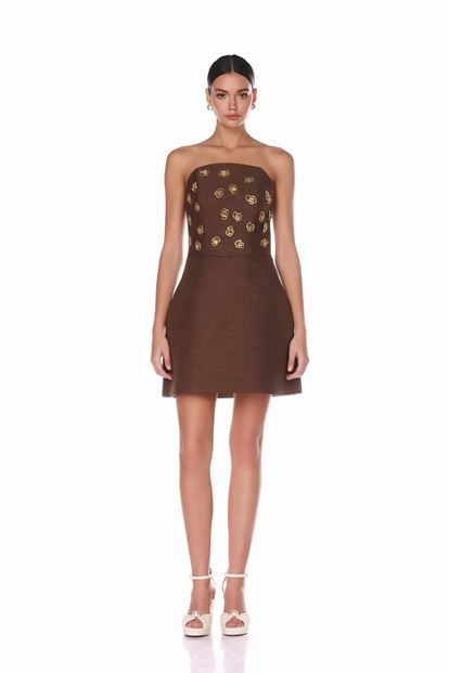Robe de soirée mini bustier marron ornée de pierres